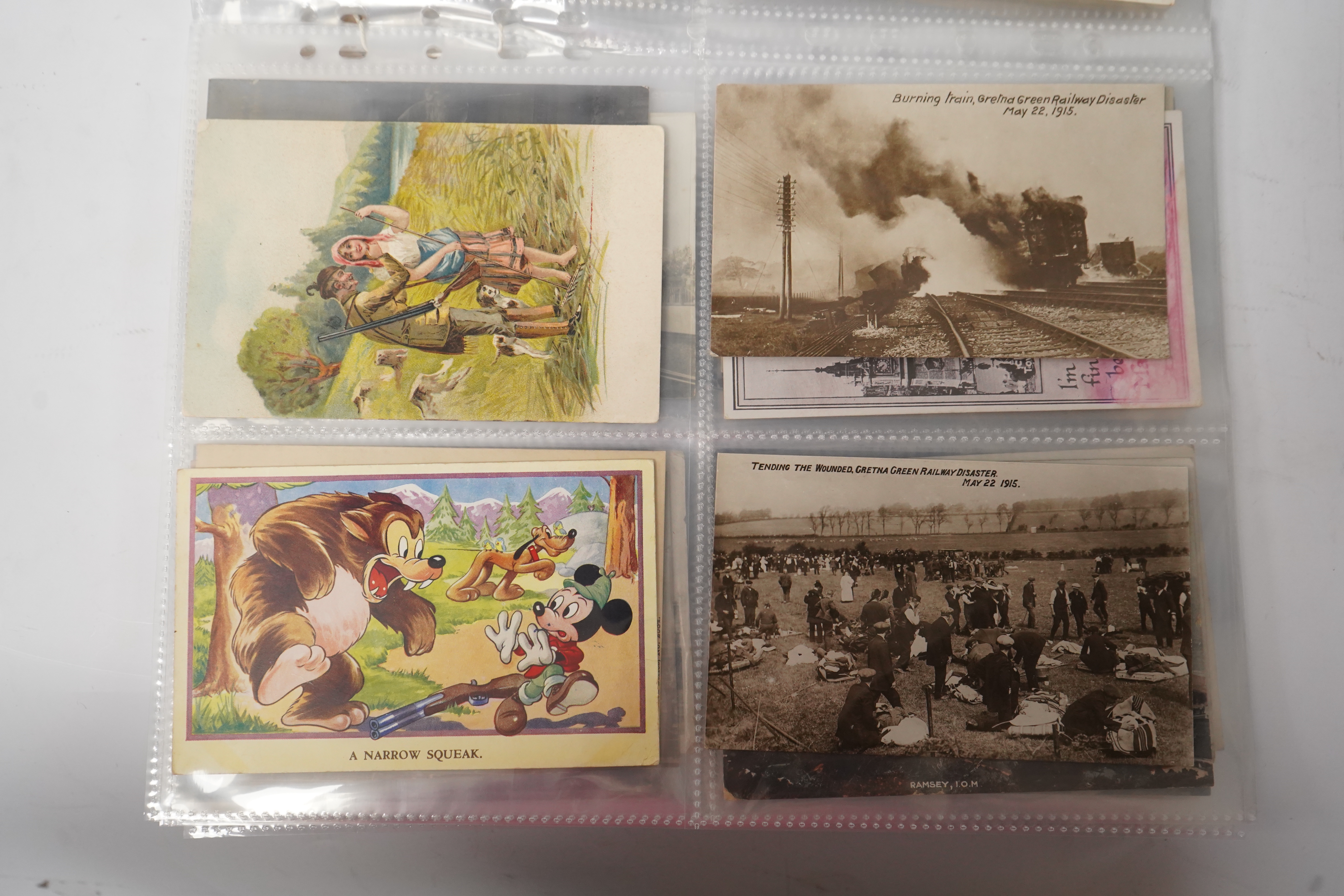 A group of eighty eight assorted vintage postcards, including American topography, rail accidents and motoring.